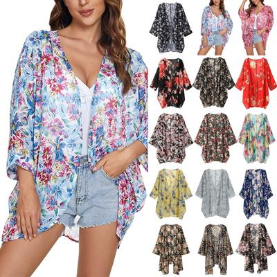 Women's Floral Print Sheer Chiffon Loose Kimono Cardigan Capes Sun