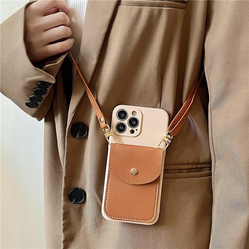 Crossbody Leather Cord Phone Case for IPhone17promax Button Coin Purse Card Holder for Apple 16 Precision Hole Silicone