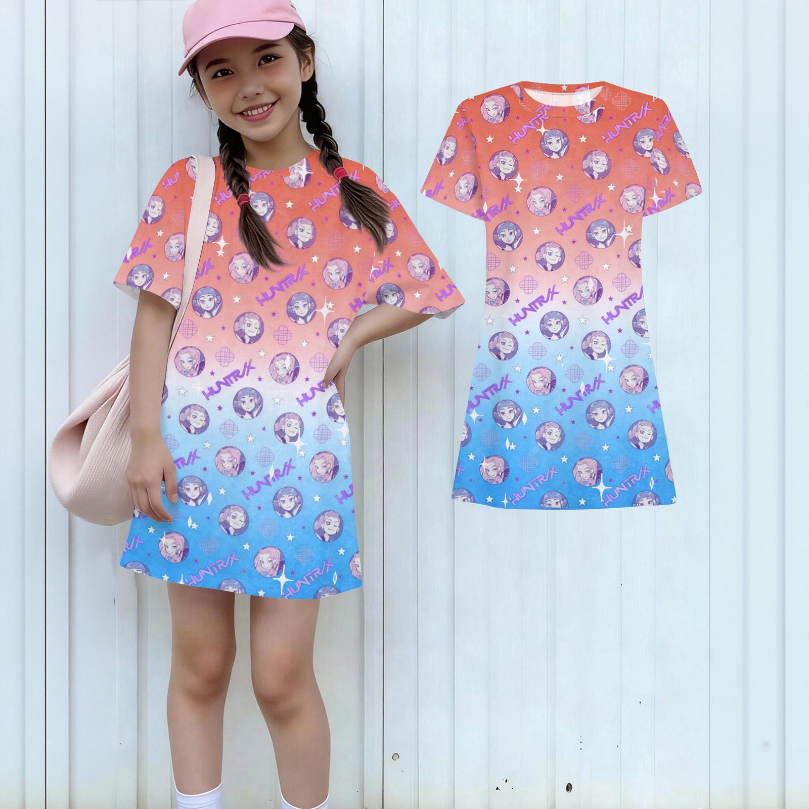 

Girls Print Casual Dress Kids Loose Round Neck Short Sleeve Thin Sundress 160 шафрановий