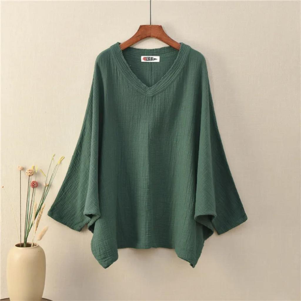 Bat Sleeve T-Shirts Vintage Women Cotton Linen V-Neck Solid Color Women Cloths Casual T-Shirts