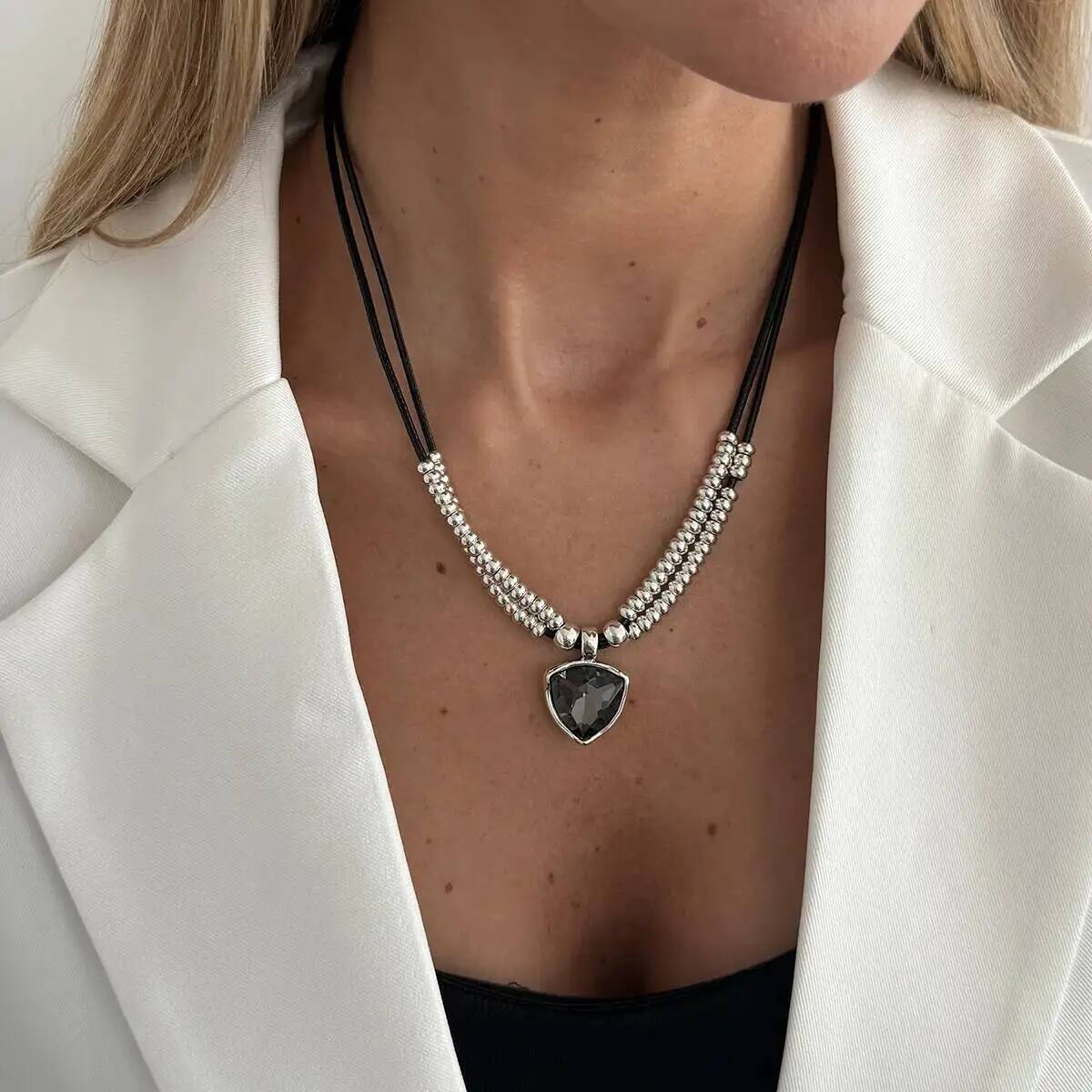 IngeSight.Z Trendy Elegant Black Acrylic Rhinestone Heart Pendant Necklace Women Retro Doublelayer Metal Sweater Chain Jewelry