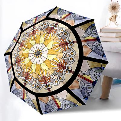 1pc Stained Glass Mandala Automatic Folding Umbrella - Design, Durable Iron Frame for Travel, Outdoor, Beach Fashion Accessory A0920061