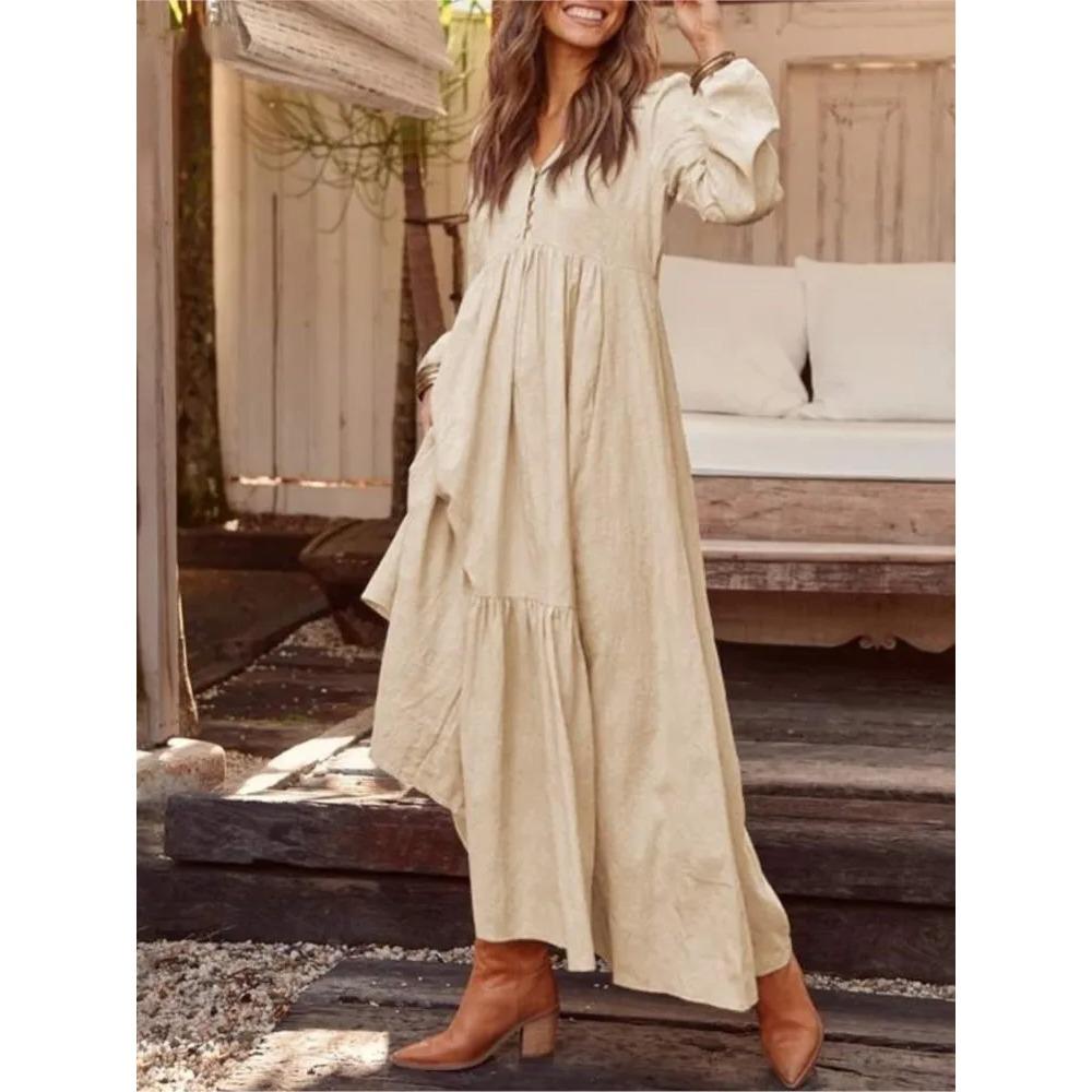 Robe Rétro Décontractée Femme, Manches Longues Boutonnée, Jupe Longue Monochromatique, Coton Lin, Mode Document, Automne Hiver, Nouveau
