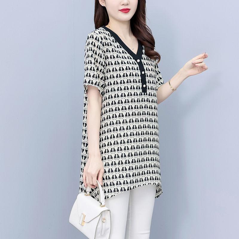 Korean Minimalist New Summer Printing Women's V-neck Button Fashion Versatile Short Sleeve Loose Mid Length Chiffon Shirt Tops