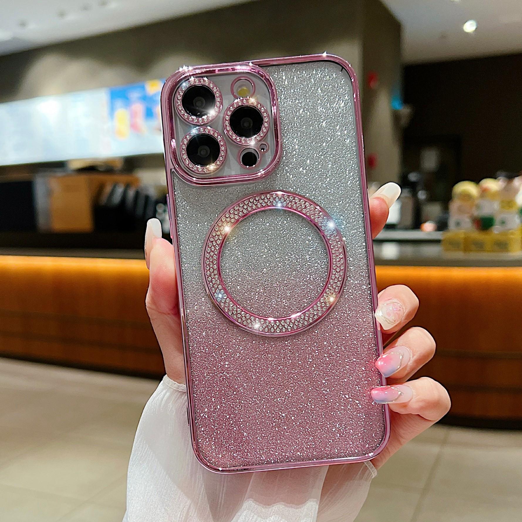 

For iPhone 14 Pro Magnetic Case Shockproof TPU+PC Phone Cover with Gradient Glitter Pink
