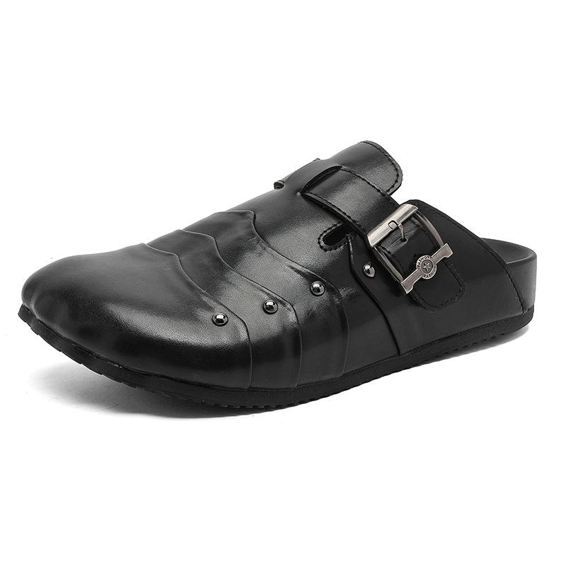 

2025 новый модный тренд кожаная сумка голова тапочки универсальная пара повседневная ретро обувь Boken 950718-J 46 чёрный