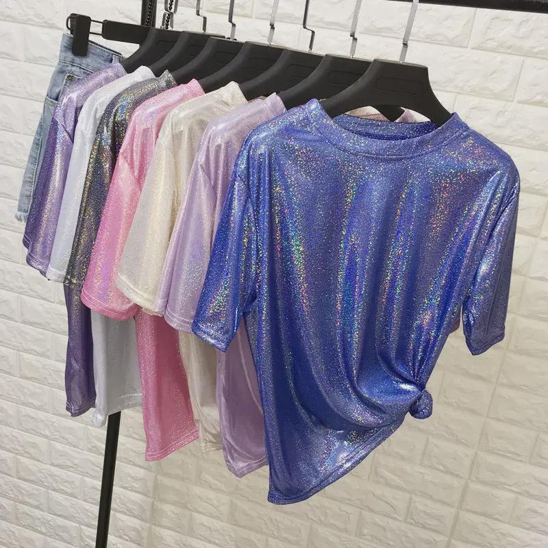 2020 Summer Shiny Silk Short-Sleeve BF T-Shirt Dress with Glitter