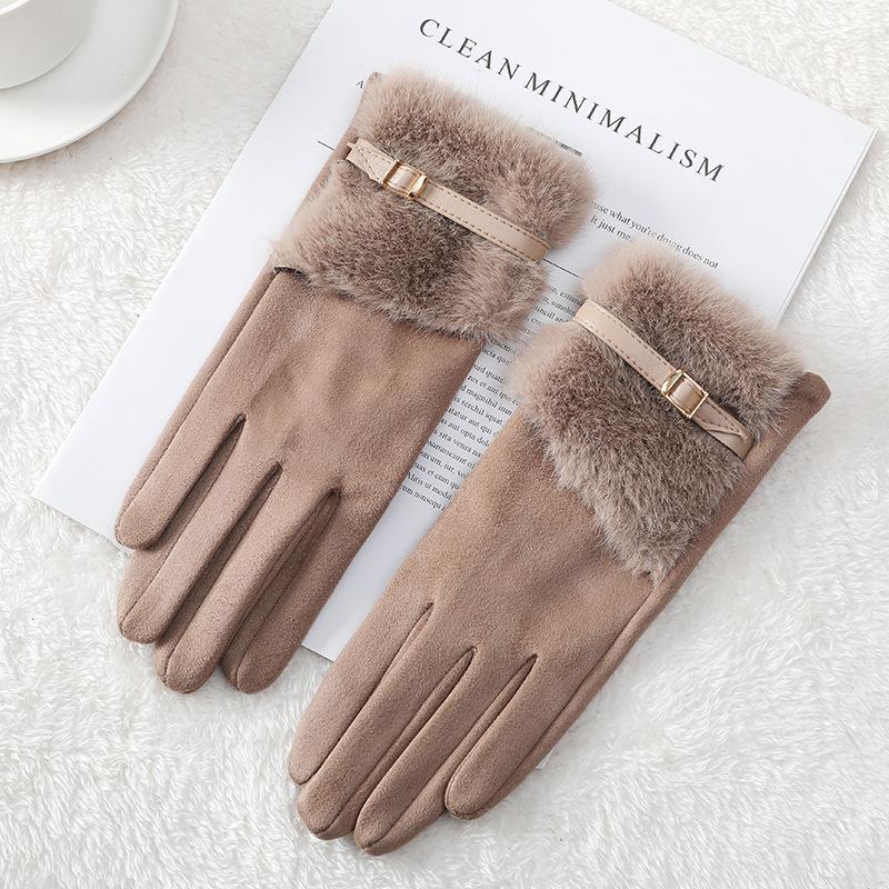 Suede Gloves Women's Autumn and Winter Mink Fur Belt Windproof and Velvet Warm Touch Screen Outdoor Electric Vehicle Riding Gloves