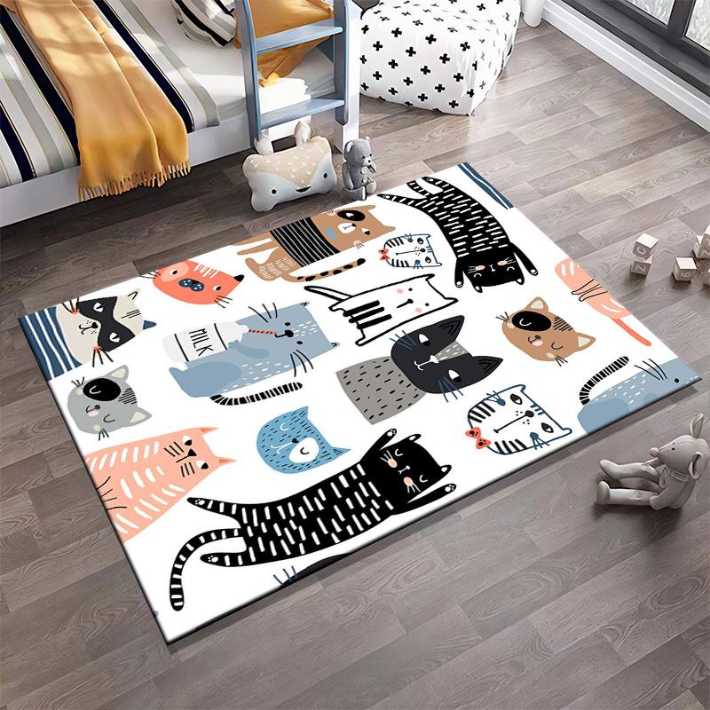 Cartoon Cat Pattern Area Rug - Cute Cats with Striped and Playful Designs" Suitable for use as an anti-slip1 for1room and bedroom sofas