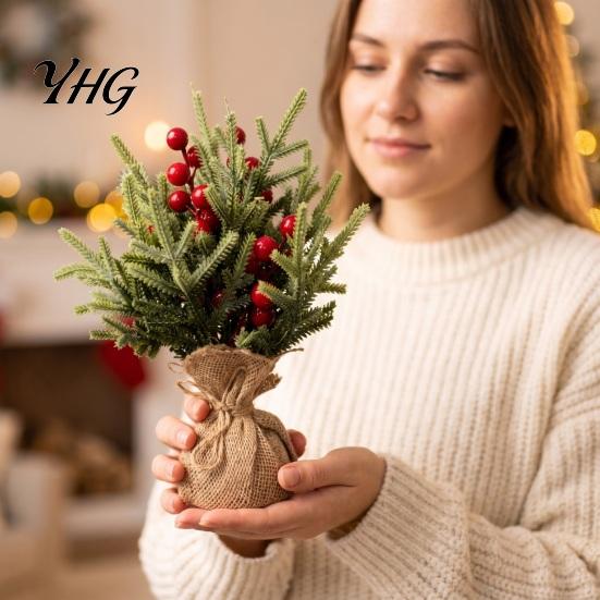 Desktop Holiday Decoration Miniature Christmas Tree with Red Berries, Artificial Mini Pine Burlap Rustic Ornament Base, Tabletop Faux Small Potted for