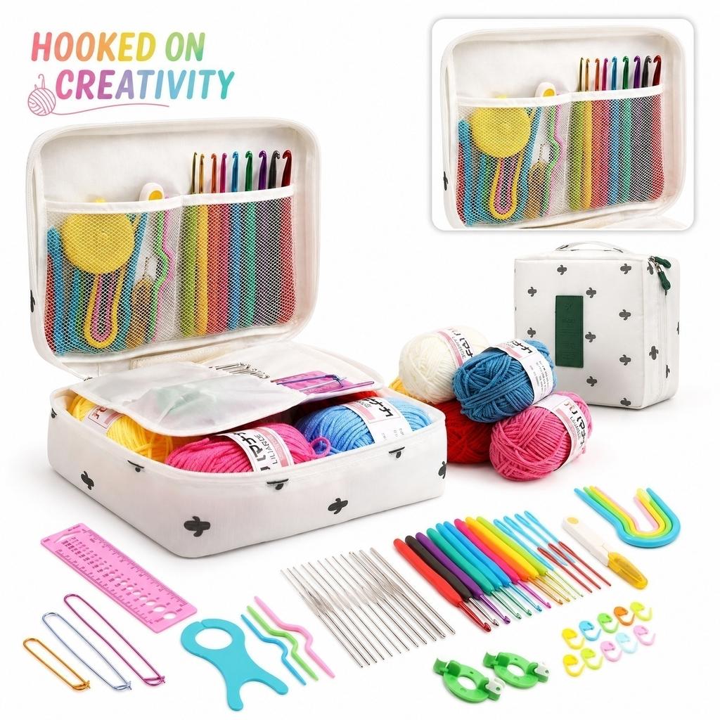 Set di Uncinetti da 59 Pezzi Kit da Uncinetto Portatile Fai-da-te Strumenti Completi per Lavorare a Maglia con Filato, Varie Misure di Uncinetti, Segnapunti e Borsa per la Conservazione