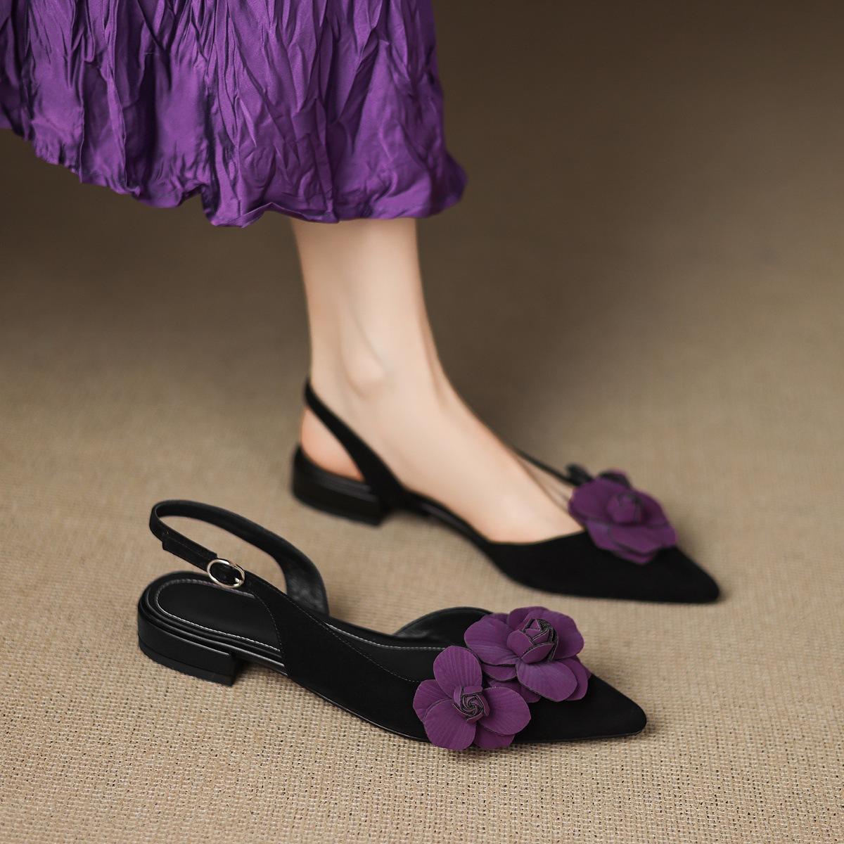 

Purple Rose~ Pointed Flower Sandals Women s Summer New Versatile Low Heel Baotou Sandals 35