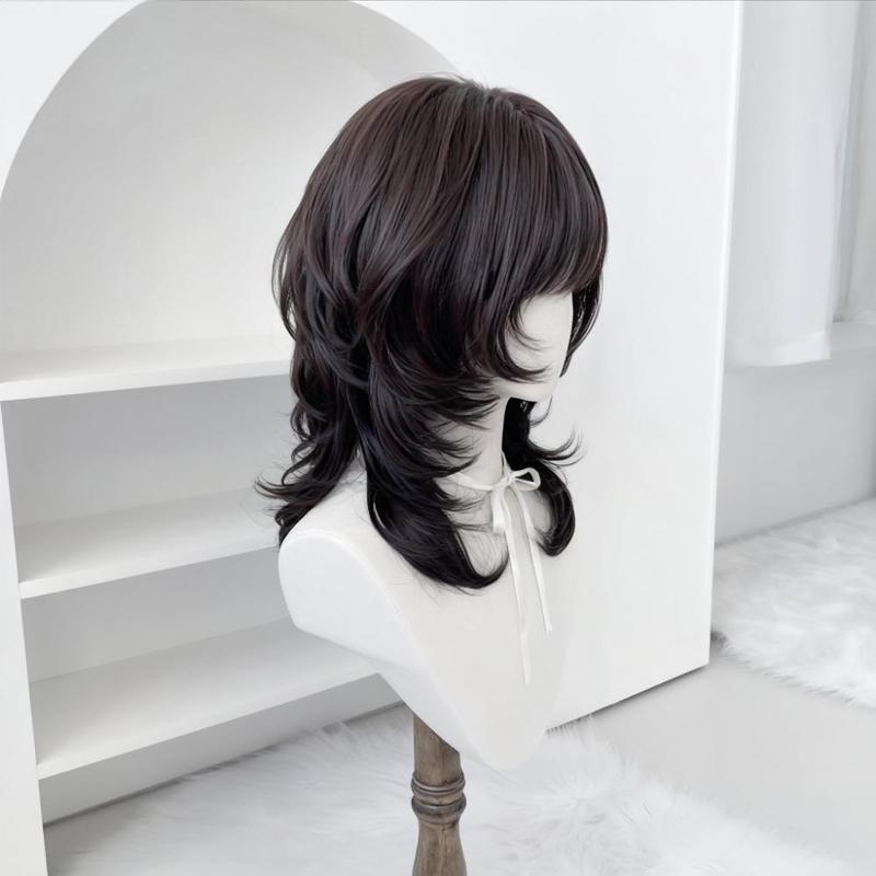 Synthetic Women Wig Hairpiece 18inch High-layered Mullet Haircut Wolf Cut Black Wig with Hair Bangs for Women Daily Party Use