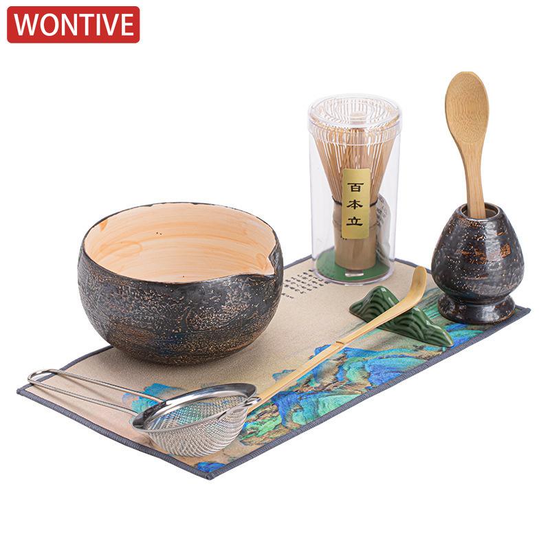 Vintage Japanisches Power Yin Matcha Set Bambusbesen Teelöffel Keramikschale Traditionelle Teesets Heim Teezubereitungs Werkzeuge Zubehör