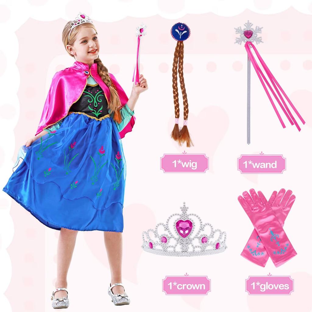 Frozen Princess Anna Costume Set with Dress & Accessories, Kids Halloween Christmas Carnival Party Outfit, Blue, 5-6 Years 120 CM