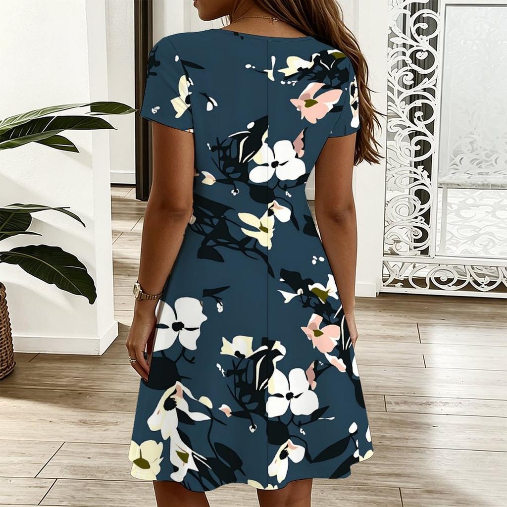 Ladies V Neck Retro Botanical Printed Plus Size Dress Summer Short Sleeve Loose Tunic
