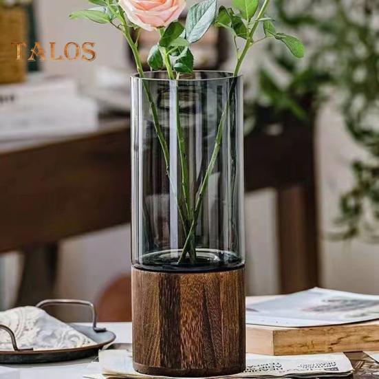 Klar Glass Sylinder Blomstervase med Trebunn Rustikk Bryllupsfest Spisebord Midtpunkt Hydroponisk Blomsterholder Gjennomsiktig Plantebeholder