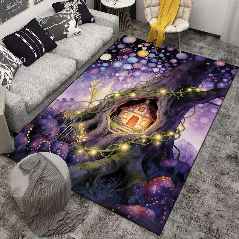 Fairy Tale-Inspired Treehouse Carpet with Glowing Light Design Suitable for use as an anti-slip for living room bedroom sofas