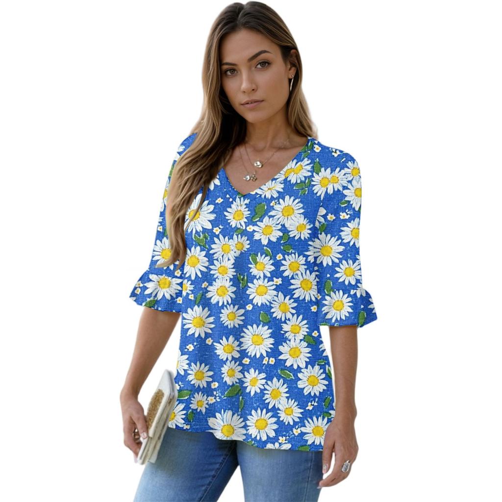 Women's Casual 3/4 Sleeve Tops V-Neck Sleeve T-Shirt Floral Print Tops