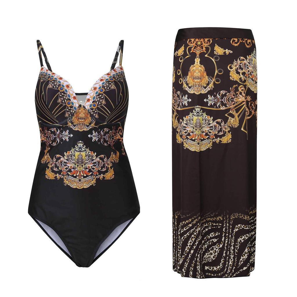 Women's Fashion Sexy Printed V Neck Bandage Strap Backless Beachwear Skirt Monokini Bikini Swimsuit 2 Piece Swimsuit