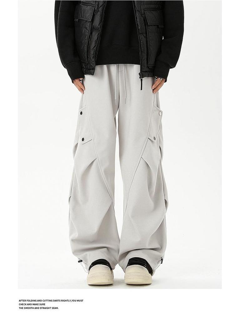 Men's Trendy Spring/Autumn Pleated Wide-Leg Overalls - Stylish, Handsome, and Casual Straight-Leg Trousers.