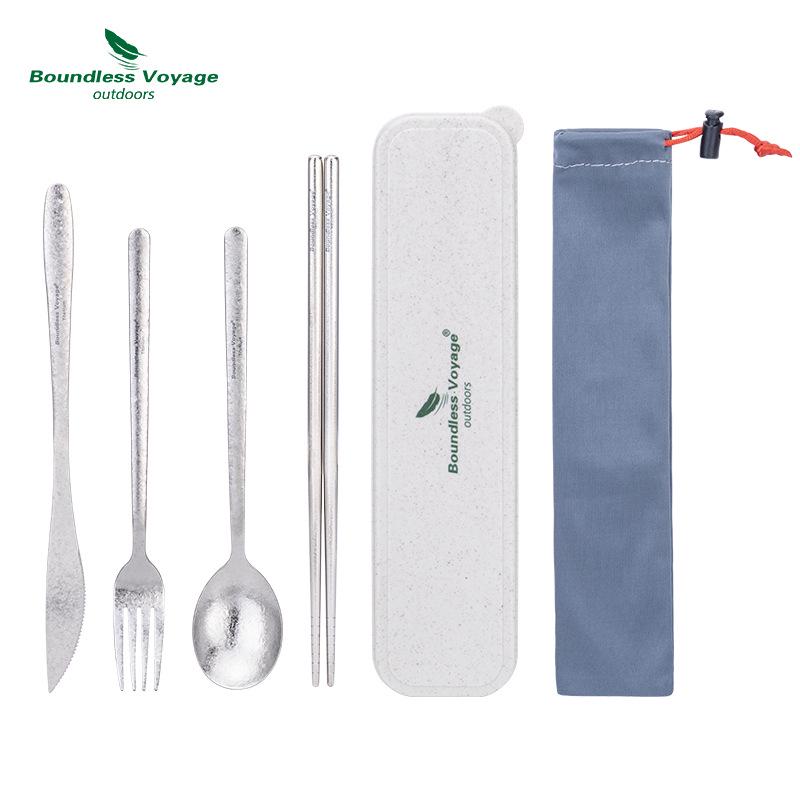 Ultra-light Pure Titanium Cutlery Set: Spoon, Fork, Knife, Chopsticks with Portable Storage Bag and Box