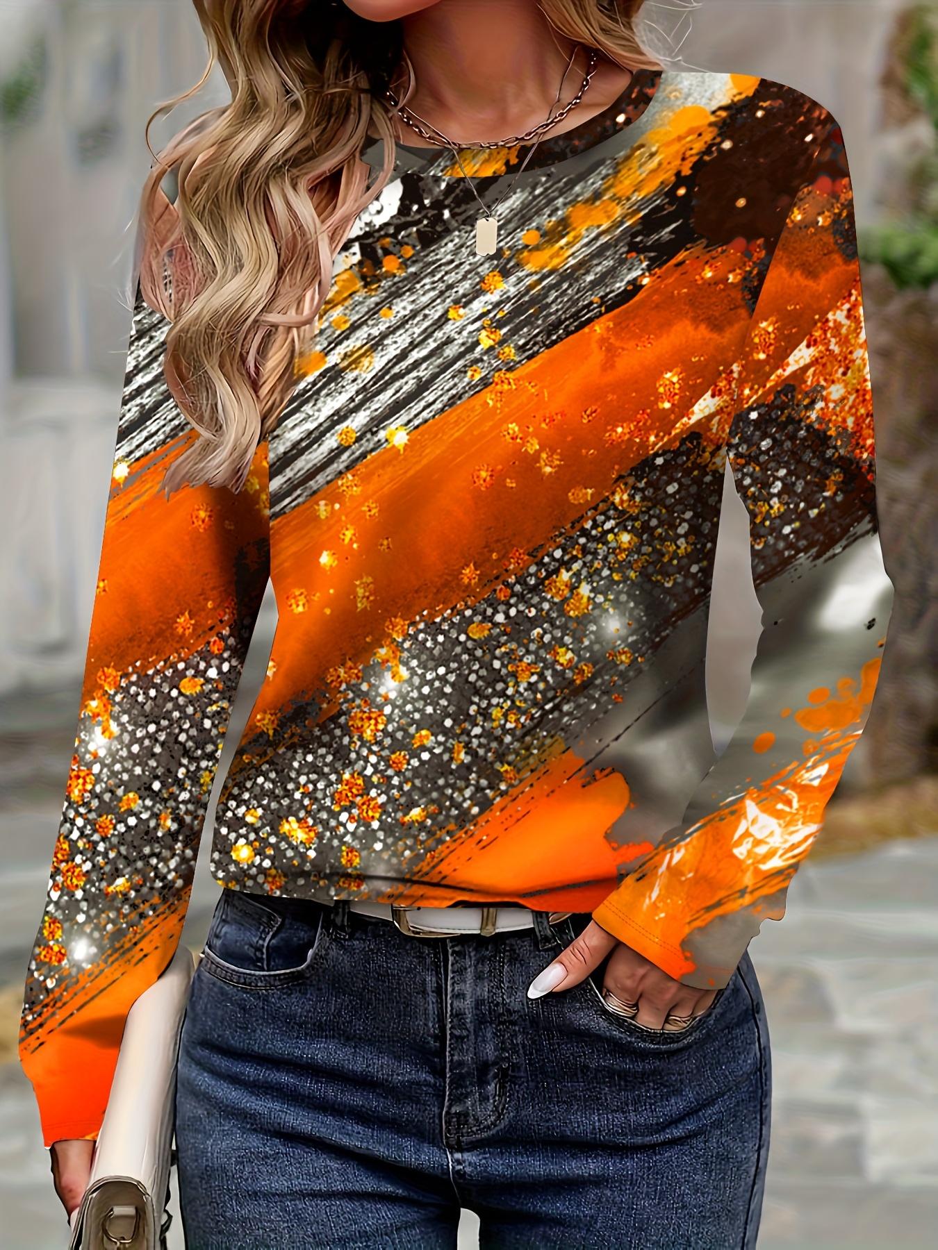 

Plus Size Women s Western Style Crew Neck Long Sleeve Top - Vibrant Orange and Black Pop Art Print XL