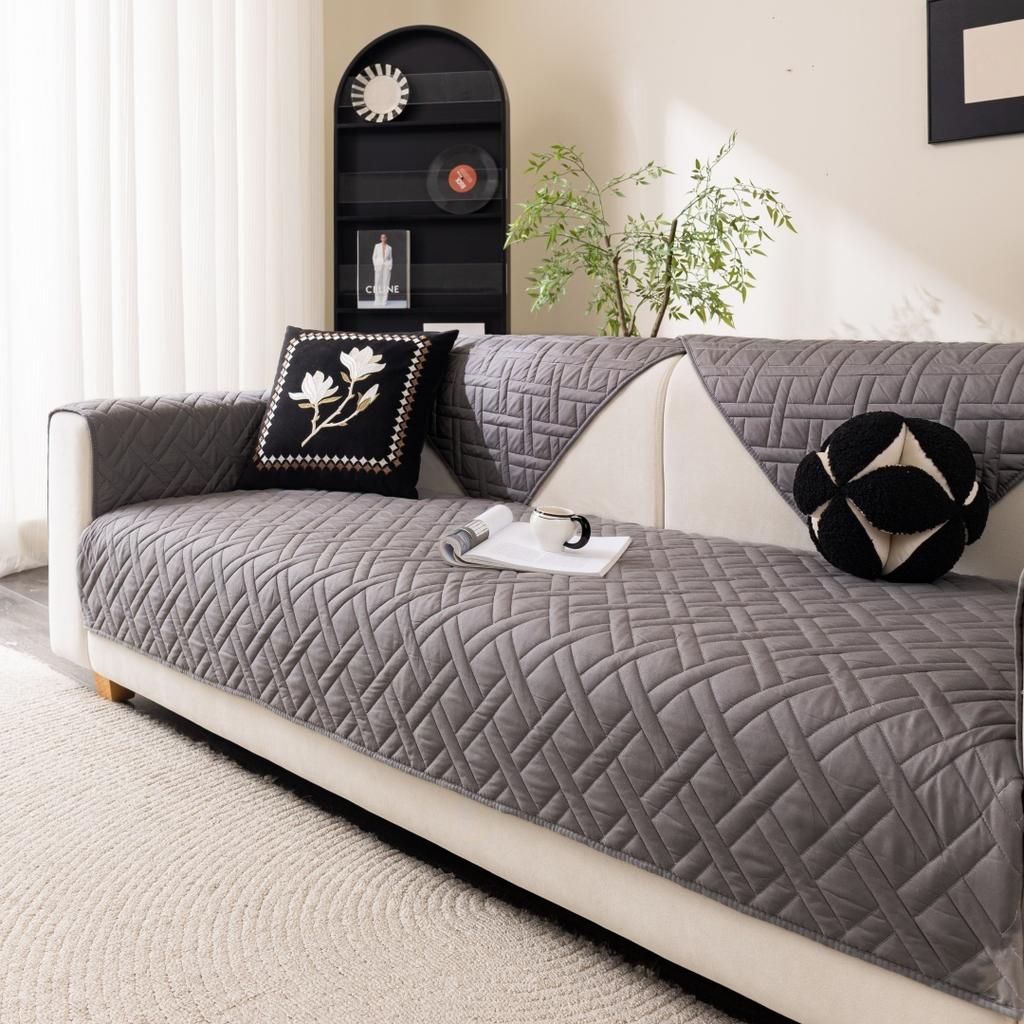 1Pc Thicken Geometric Quilted Non-Slip Sofa Cover, Solid Color Sofa Towel All Seasons Universal Fit Couch Seat Pad Protector