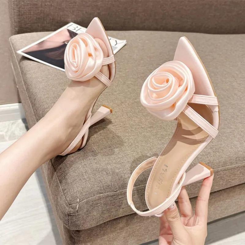 Fashion Summer Fashion Silk Rose Flowers Back Strap Heeled Sandals Women Pointed Open Toe Red High Heels Wedding Prom Shoe Zapatos Mujer