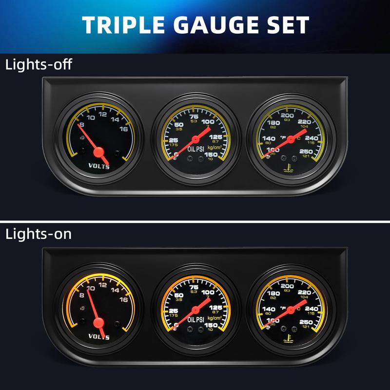 3 in 1 Triple Gauge Set 100-250℉ Water Temp+8-16v voltage Gauge+0-150psi Oil Pressure Black Face Digital pointer Auto Gauge