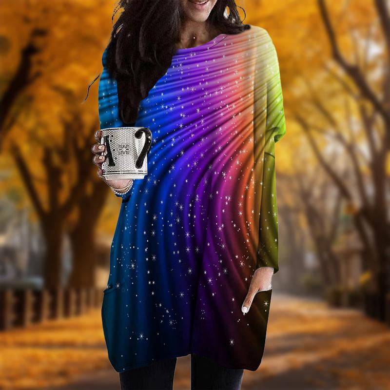Neu Im Herbst Regenbogen Print Plus Größe Kleid Frauen Oansatz Lange Ärmeln Casual Tasche