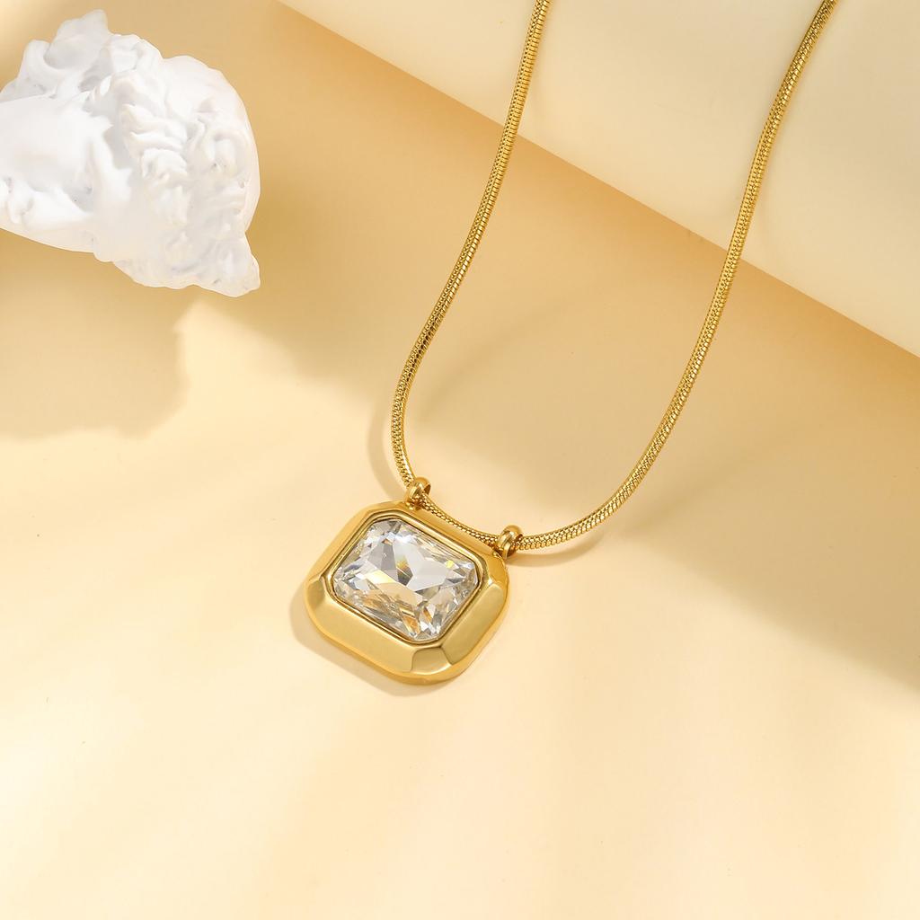 Cubic Zirconia Pendant Necklace for Women, Stainless Steel Chain Trendy Jewelry, Square Heart CZ Stone Boho Jewelry