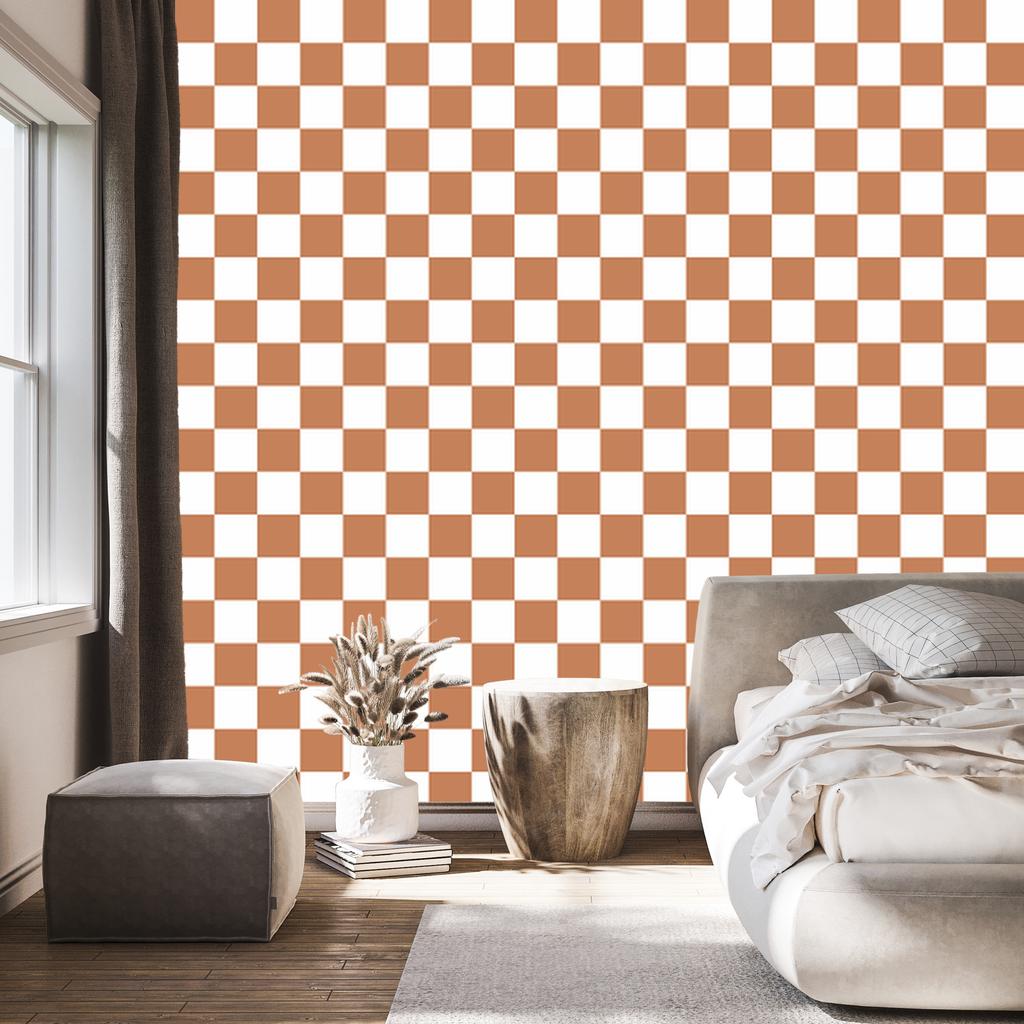 Checkerboard Wallpaper White, Orange and Cream for Living Room and Bedroom 50x1000