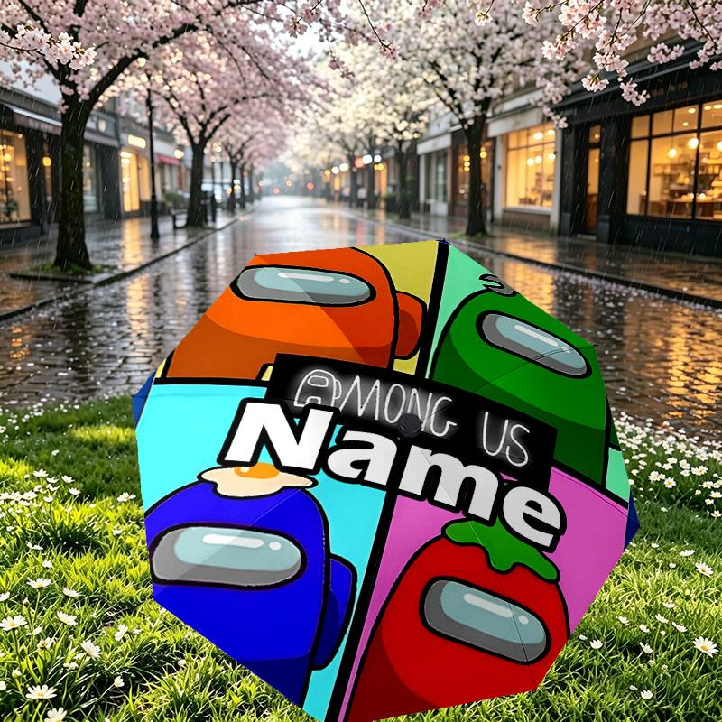 Custom Name Personalized Among Us Print Umbrella, Auto Open Close, 8‑Rib Sturdy Frame, Commute Camping Hiking Use, Birthday Gift