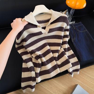 Fauler Retro-Waschbär Samt gestreifter weicher wachsiger Polo-Pullover Damen Herbst und Winter
