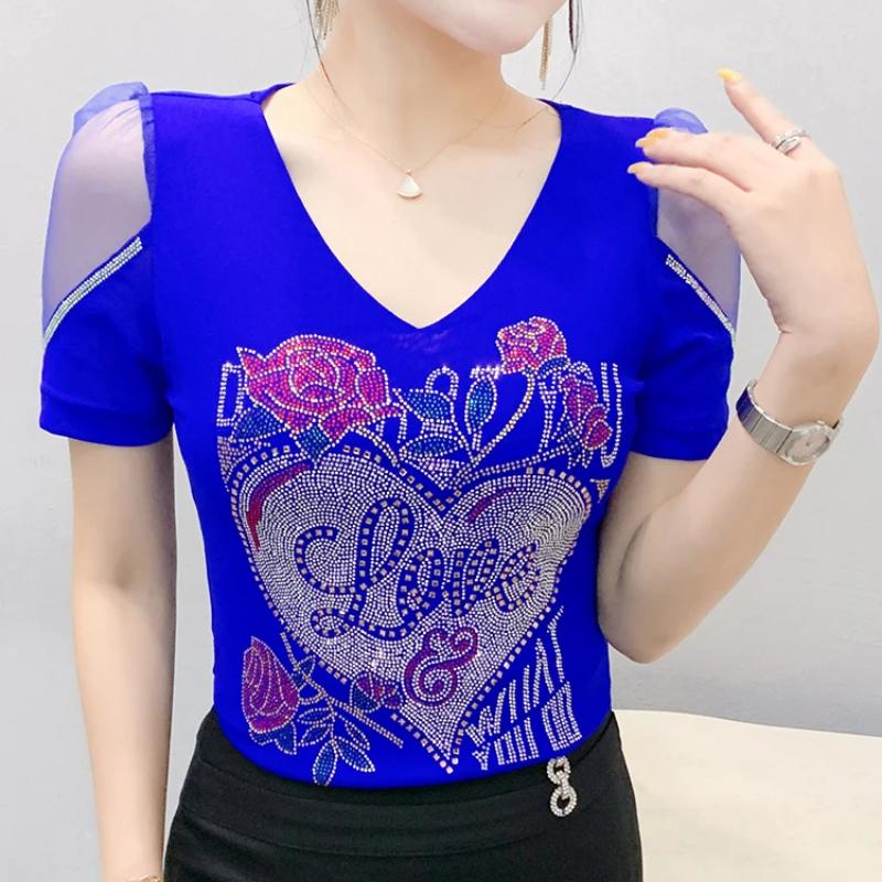 Streetwear Girl Chic Summer T-shirt Fashion Sexy Slim Women Flower Heart Tops Shiny Rose Hot Diamonds Design Tees