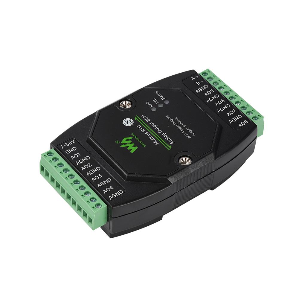 Industrial 8-Channel Analog Output Module 12-bit DA Converter DC 7-36V Wide Voltage Isolation Modbus RTU Current/Voltage