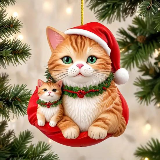 Christmas Pendant 2D Acrylic Cat Wearing Xmas Hat Charm Car Hanging Ornament Festive Atmosphere