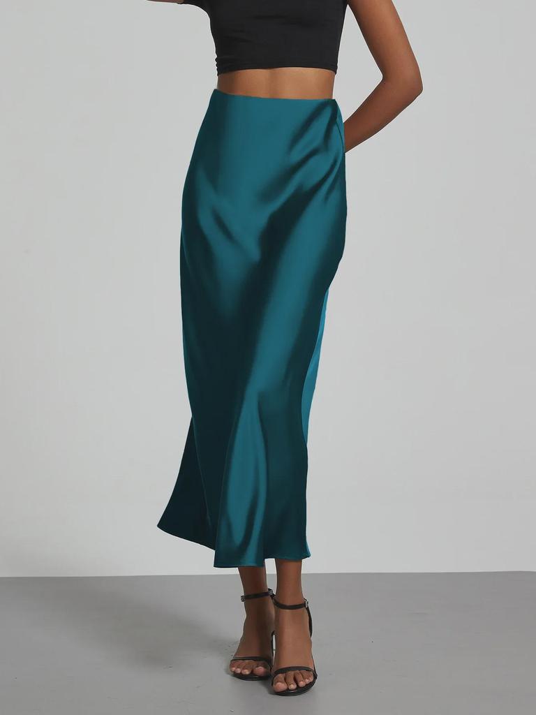 European & American Style Satin High-Waist Mid-Length Skirt - Glossy Solid Color