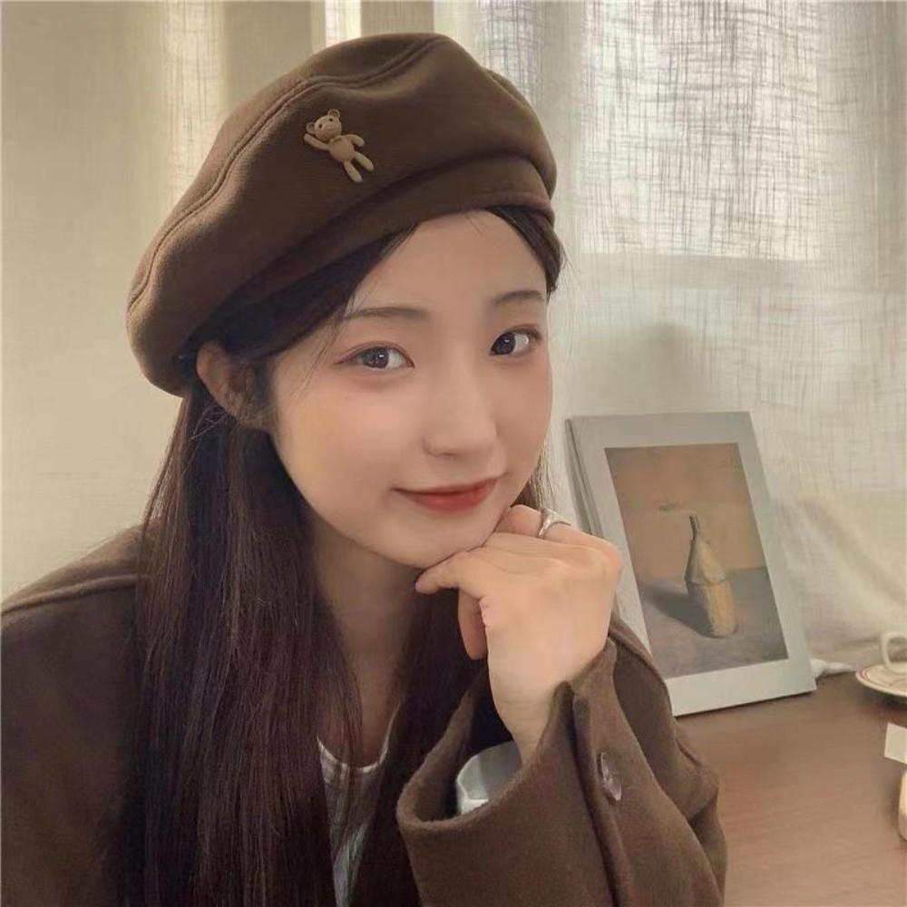 Solid Color Woolen Newsboy Hat Little Bear Beret Hat Retro Cloud Painter Cap  Women Girl