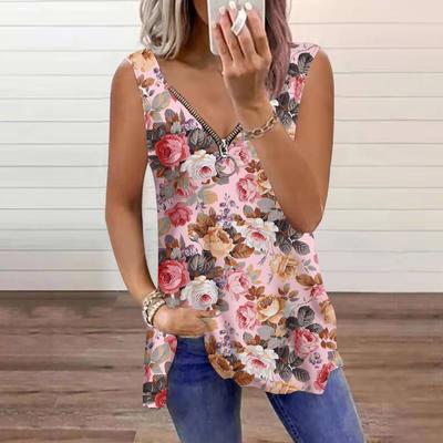Damen-Top, Sommer, Rosengarten, bedruckt, lässig, Übergröße, ärmellos, Reißverschluss, V-Ausschnitt, Tanktop