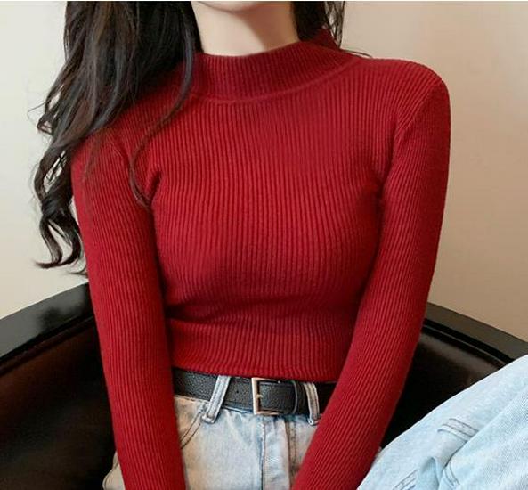 Women's Slim-Fit Korean Style Semi-High Neck Sweater – New Autumn/Winter Knitwear