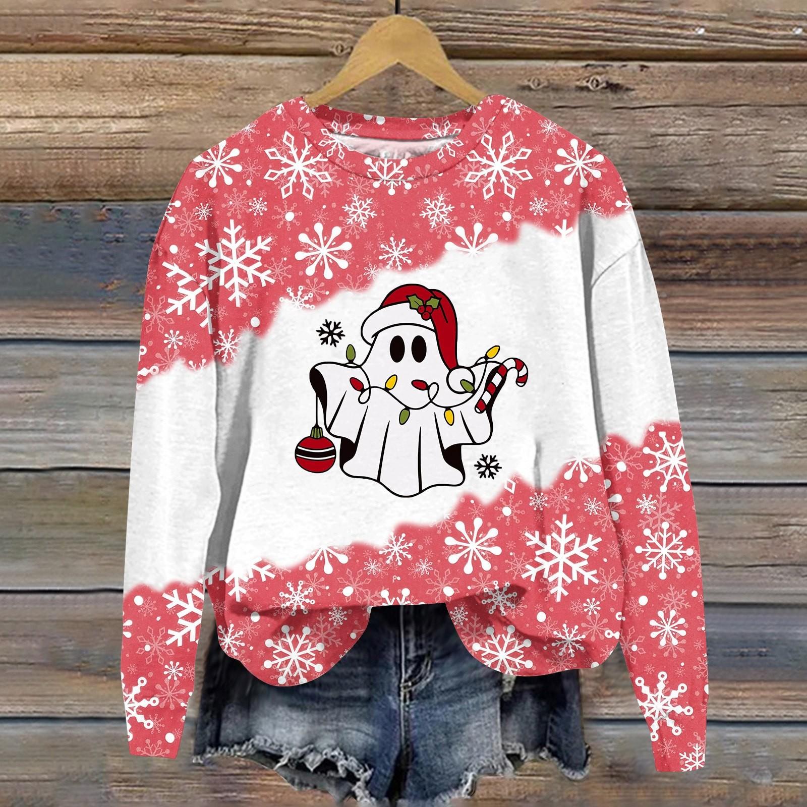 Женская мода рождественский принт длинный рукав свободный круглый вырез толстовка — фото 13