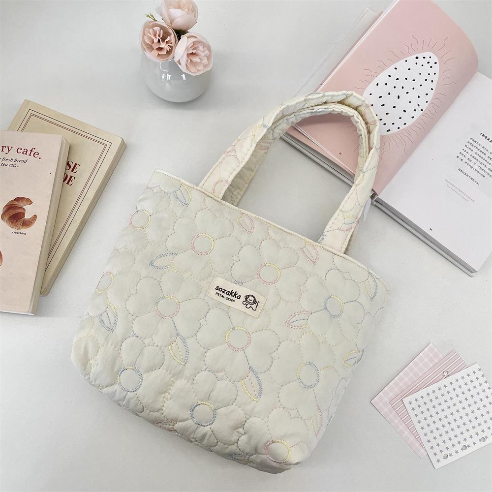 Korean Style Quilted Bow Embroidery Handheld Canvas Handbag for Women 2026 New