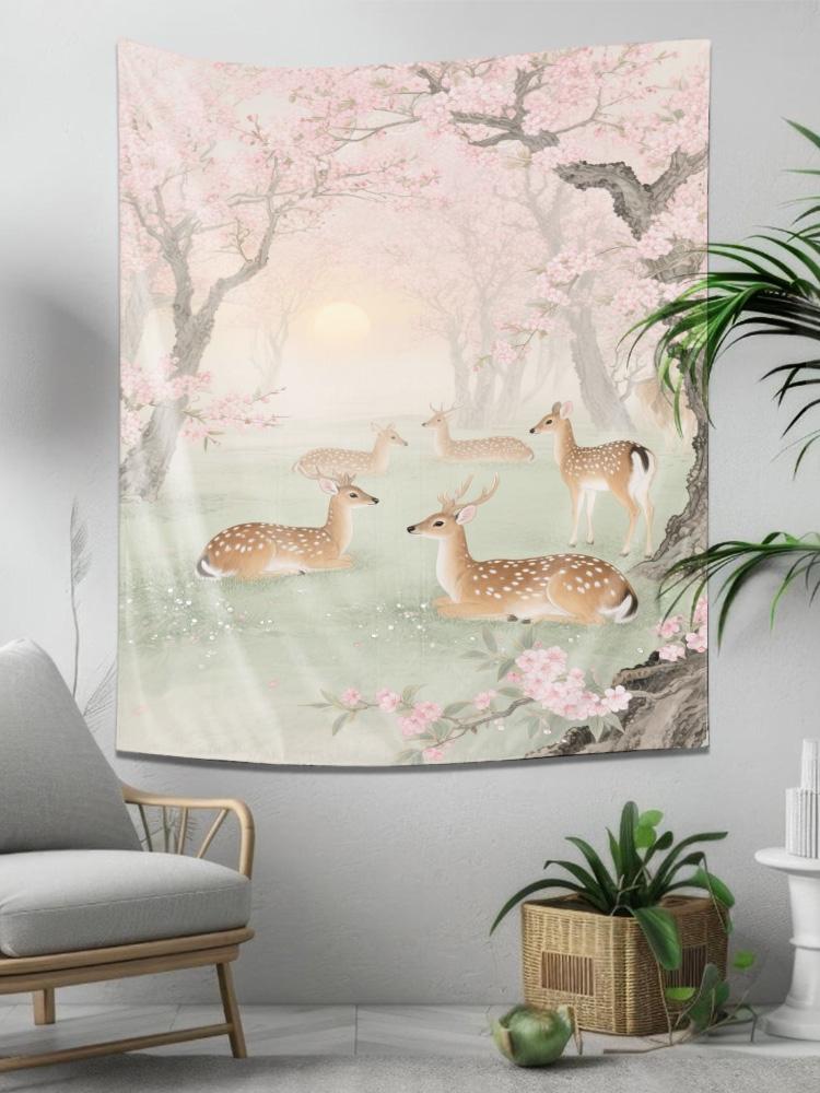 Cherry Blossom Deer Themed Tapestry Elegant Fabric Decoration Suitable for Bedroom and Living Room Walls 74x94cm(29x37in)
