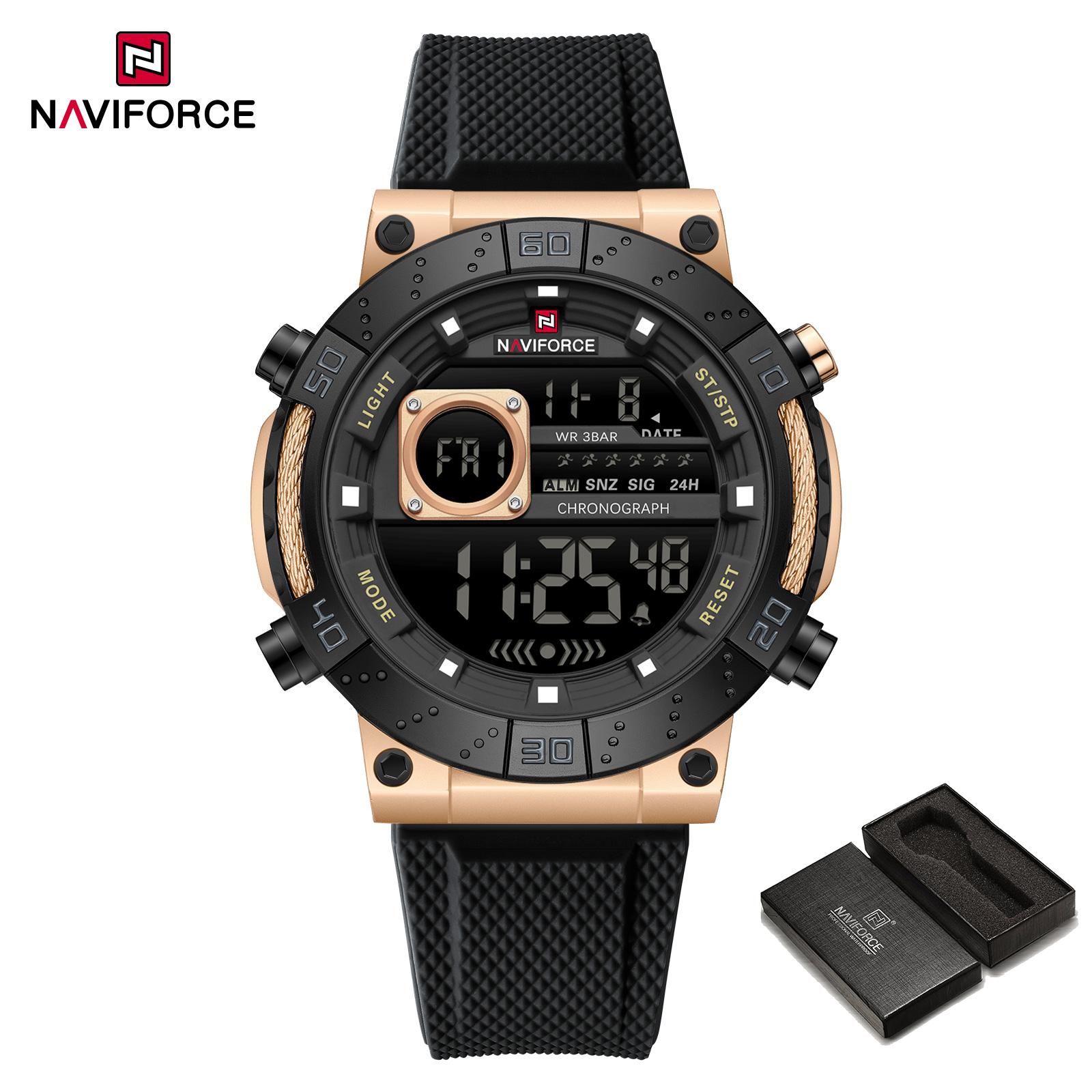 

NAVIFORCE Men s Sports LCD Digital Watch Silicone Strap Waterproof Night Mode Chronograph Week Multifunctional Outdoor Men s Boy Watch NF9241T чорний/рожевий колір золота