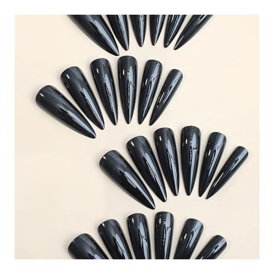 Nail Tips Black Long False Nails Gal Korean Cute Mine Type Handmade Black Simple Kogal Almond (Black 2, Long)