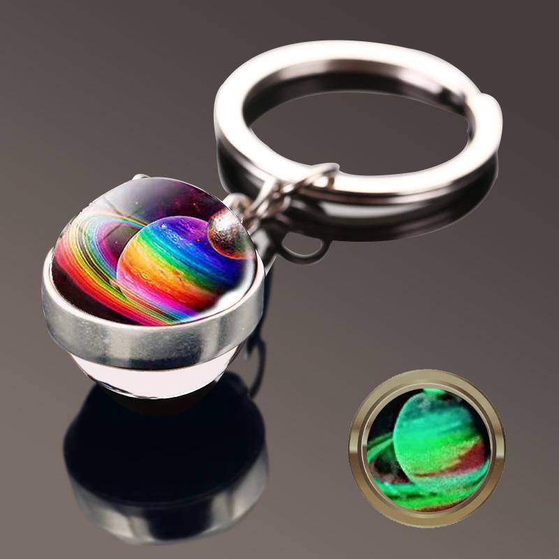 Double-Sided Glass Galaxy Keychain with Moon, Earth, Mars Pendants