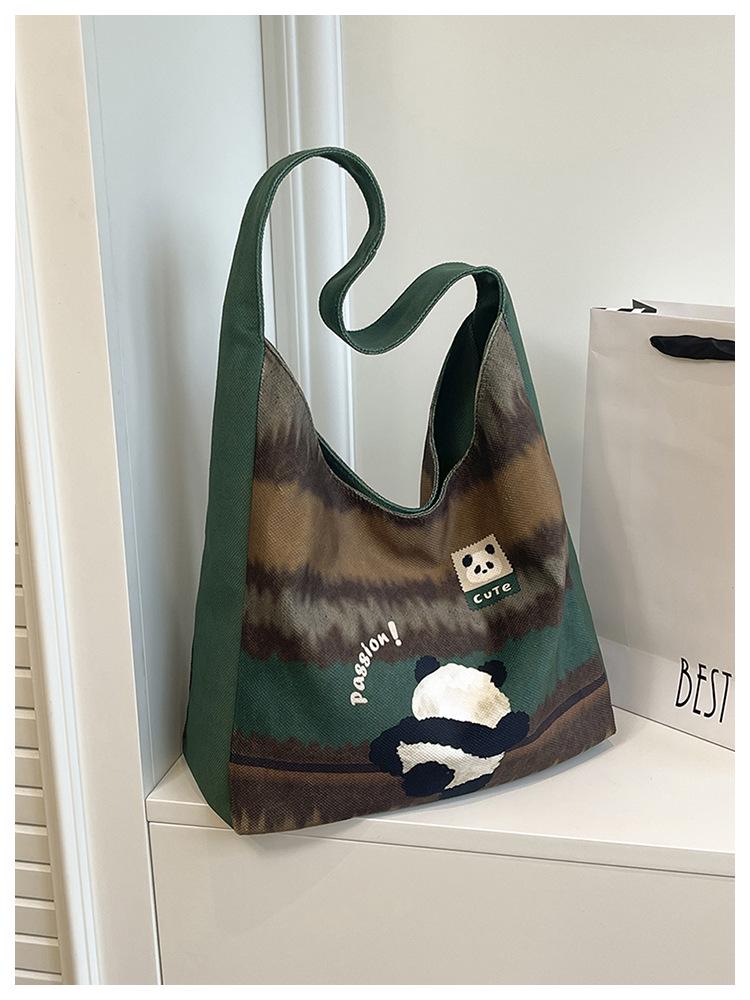 Plaid Canvas Tote Bag: Cute Cartoon Design, Large Capacity, Commuter-Friendly Shoulder Bag for Women