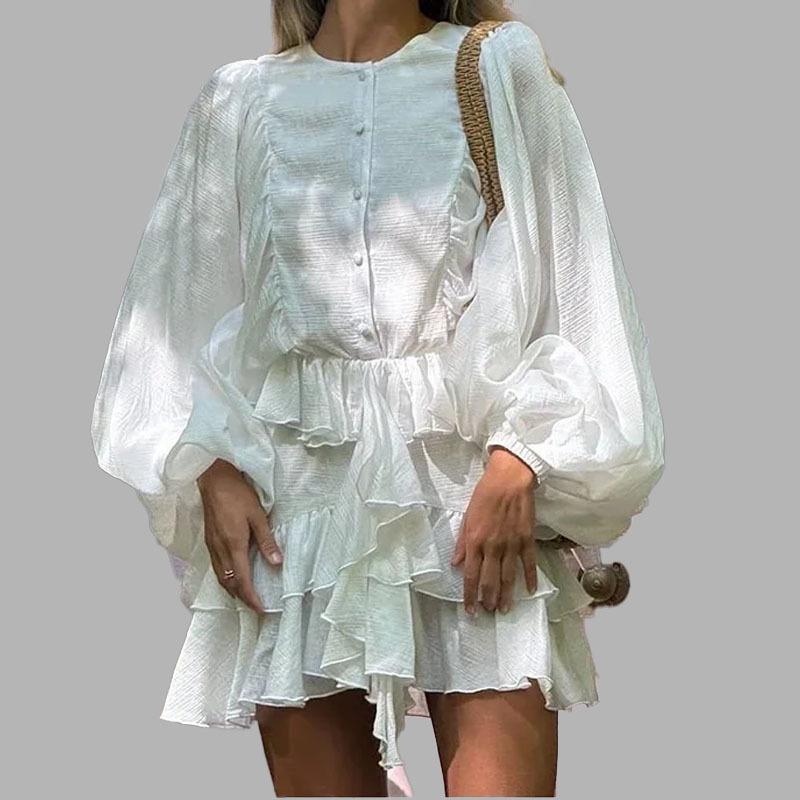 European Style Women s Summer Puff Sleeve High Waist Ruffle Dress 3XL
